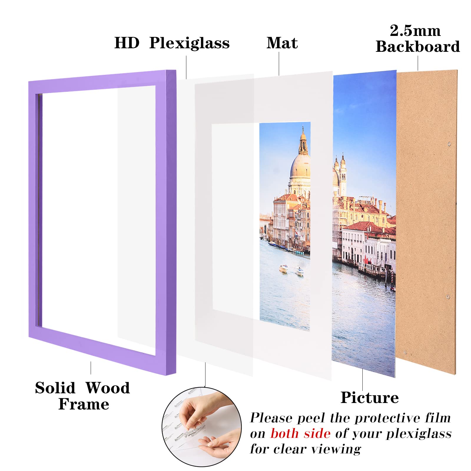 wyooxoo 11x14 Picture Frame Made of Solid Wood Purple Photo Frames Display Pictures 8x10 with Mat or 11x14 Without Mat Colorful